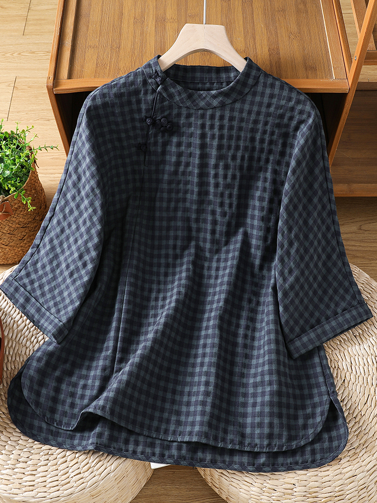 Linen Shirt Breathable - Chinese Style Cotton Linen Plaid Shirt