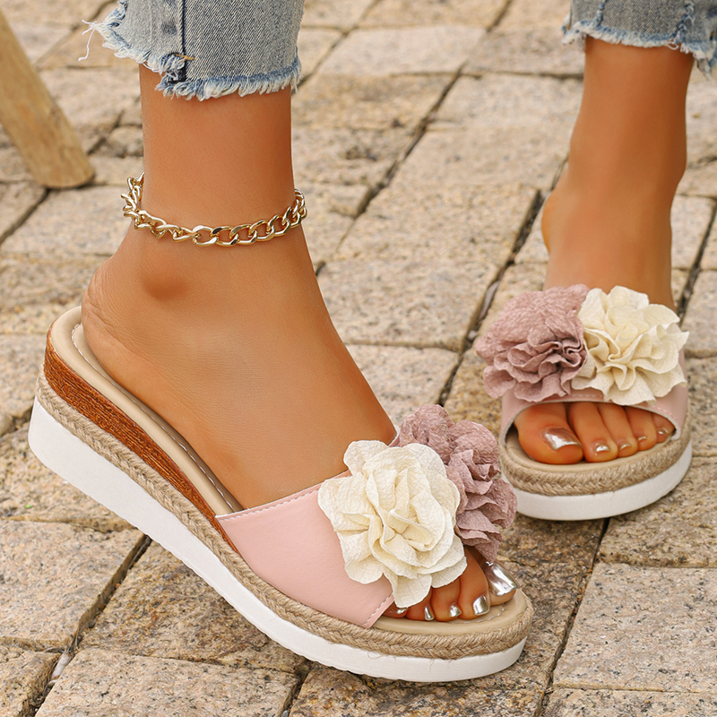 Women's Pink Flower Decor Plat – Espadrille Slip On recenzja i cena