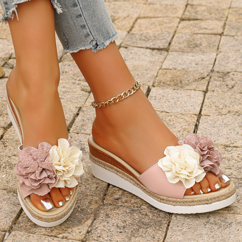 Women's Pink Flower Decor Plat – Espadrille Slip On recenzja i cena