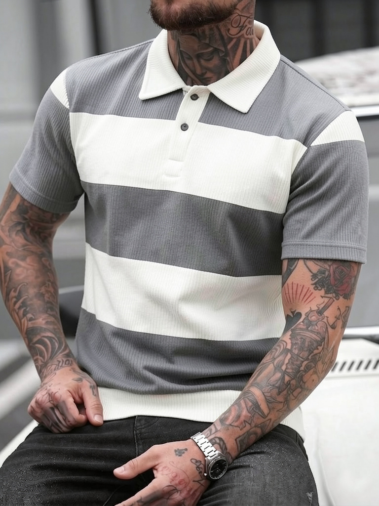 Men's Summer Gray-White Stripe – Polo Shirt Pique recenzja i cena
