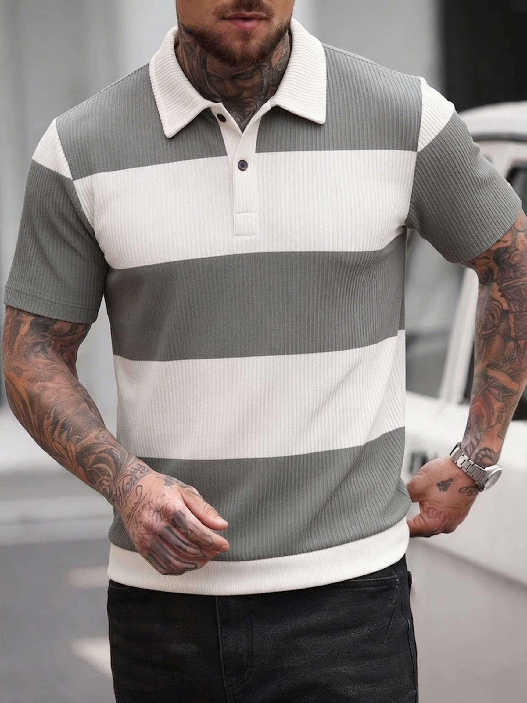 Men's Summer Gray-White Stripe – Polo Shirt Pique recenzja i cena