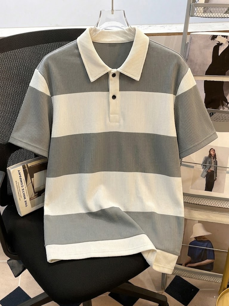 Men's Summer Gray-White Stripe – Polo Shirt Pique recenzja i cena