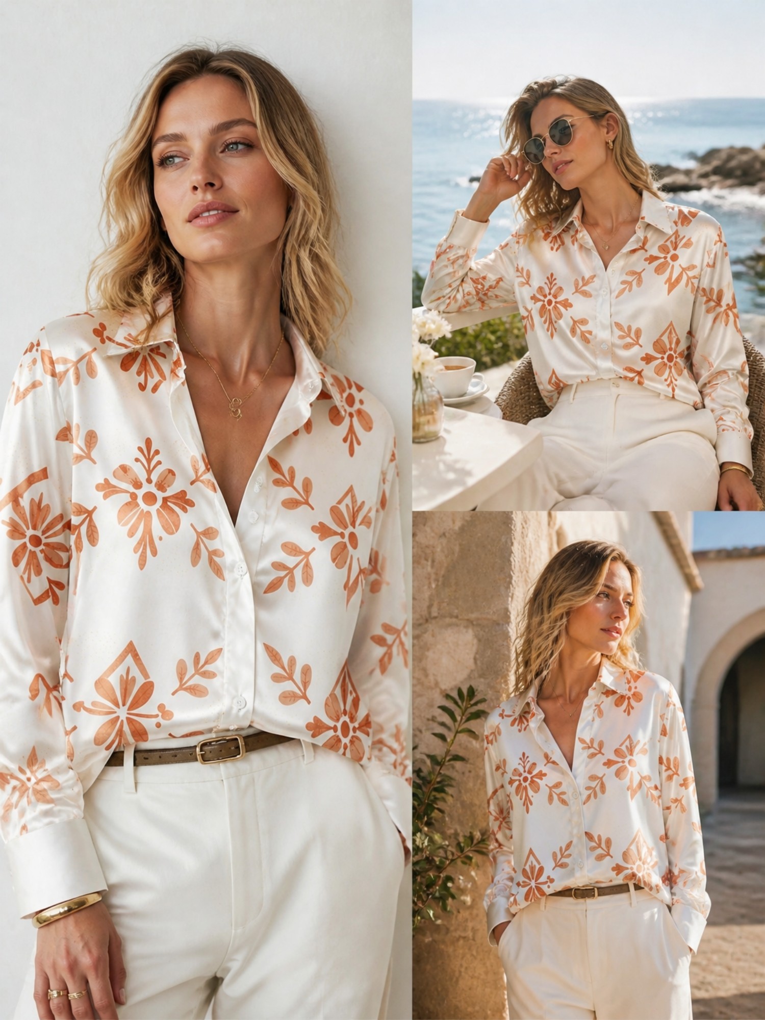 Cream Orange Floral Satin Blou – Resort Shirt Floral recenzja i cena