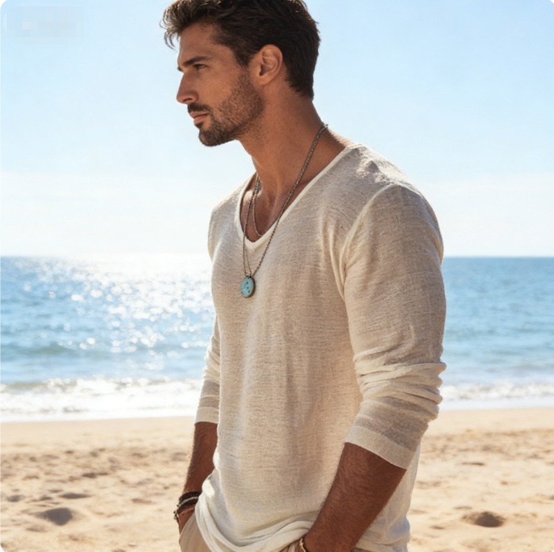 Men's Casual V-Neck Linen Blen – Linen Shirt Breathable recenzja i cena