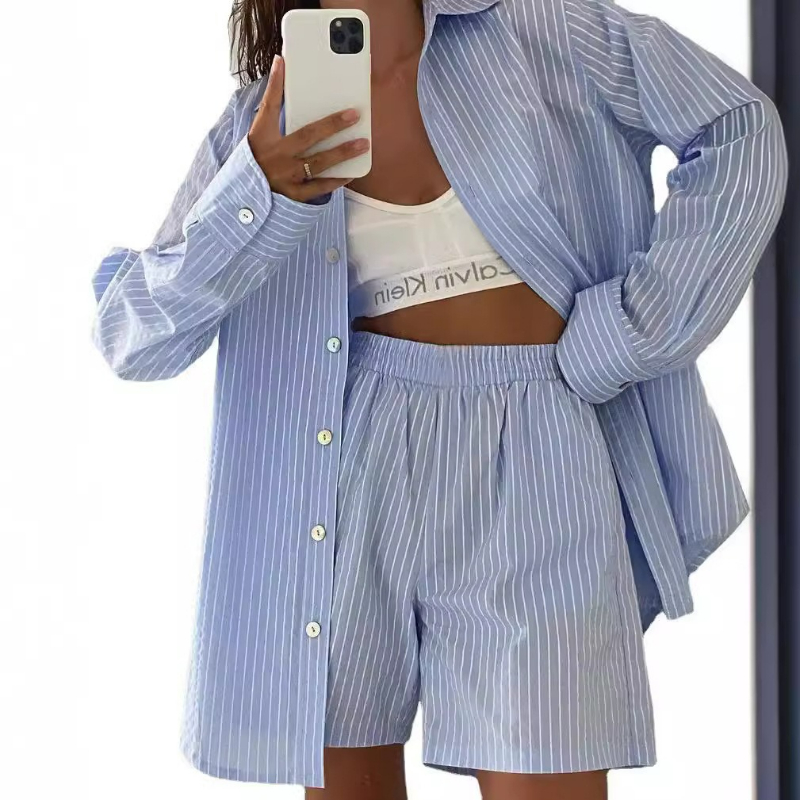Women Striped Print Two Piece  – Linen Shirt Breathable recenzja i cena