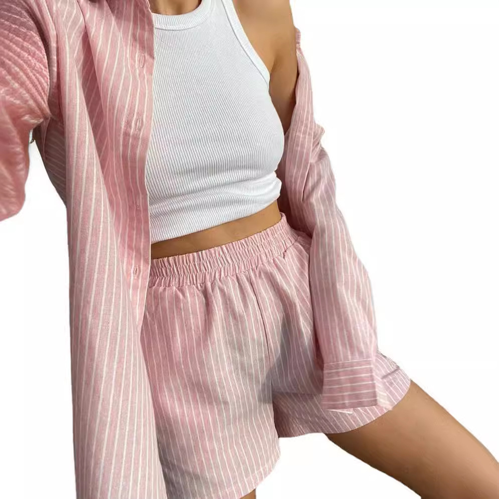 Women Striped Print Two Piece  – Linen Shirt Breathable recenzja i cena
