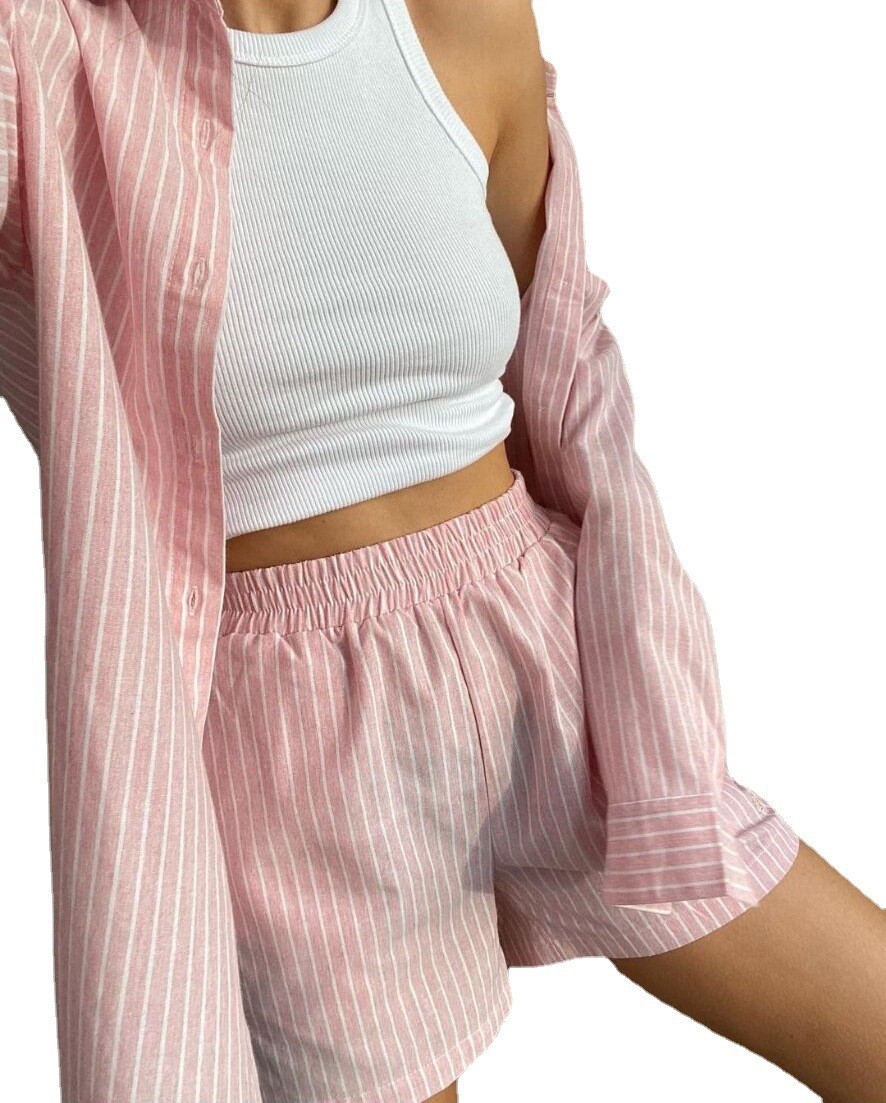 Women Striped Print Two Piece  – Linen Shirt Breathable recenzja i cena